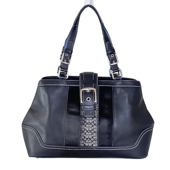 Coach F11345 Hampton Striped Black Leather Satchel - Picture 1 of 7